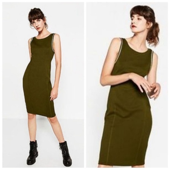 NWT ZARA Chocolate Brown Stretch Scoop Back Minimals Neutral Bodycon Midi Dress - Picture 1 of 12
